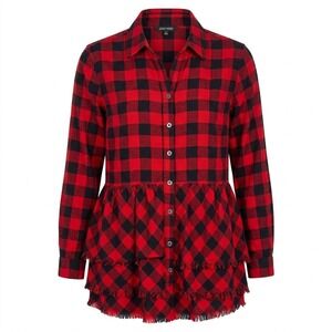 John Mark SMALL Red Black Buffalo Plaid Peplum Tunic Shirt Wire Collar Fringe